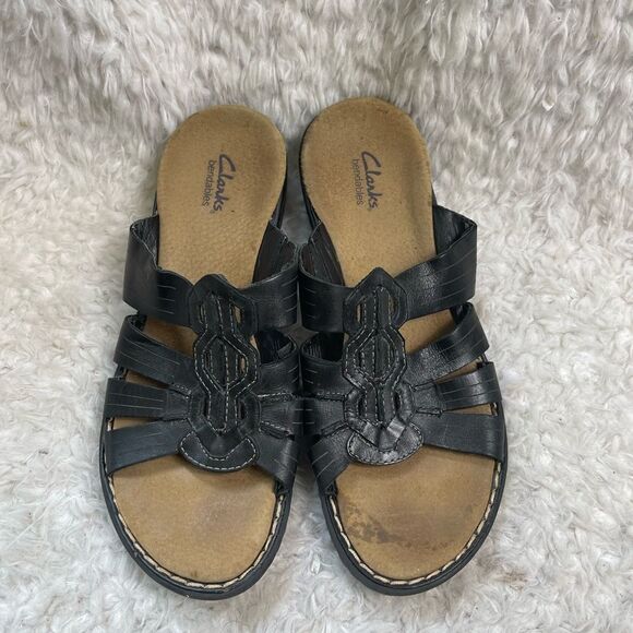 Clarks Bendables leather black slip on straps sandals size 8.5M - Picture 1 of 8
